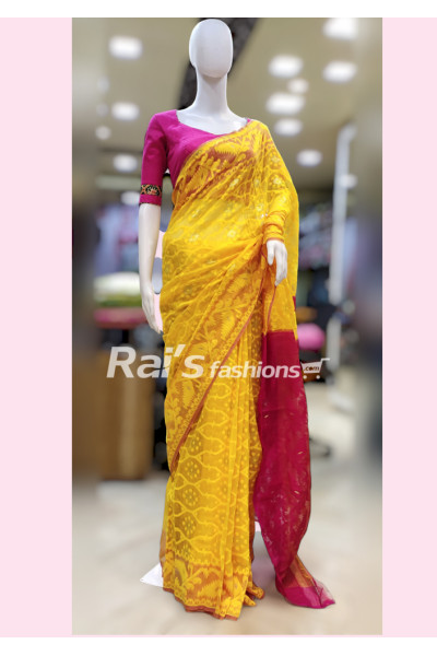 Traditional Yellow Rani Soft Reshom Silk Dhakai Jamdani Saree (NDR7)